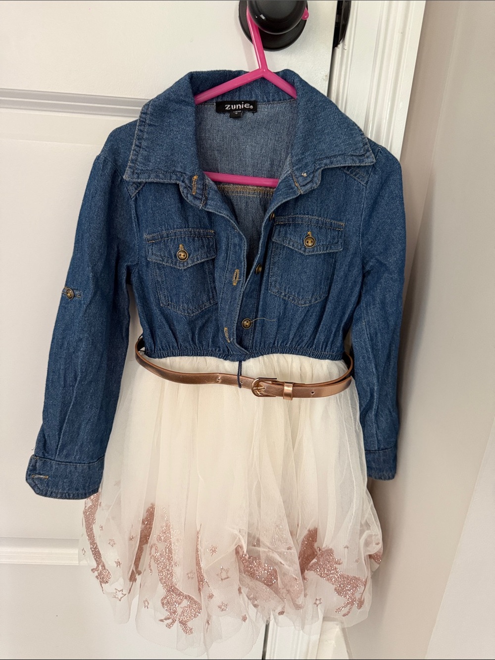 Zunie Blue Denim Jacket with White Tulle Skirt and Rose Gold Belt